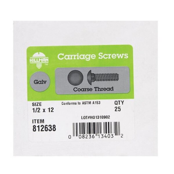 Hillman 812638 0.5 x 12 in. Hot Dipped Galvanized Carriage Screw Bolt Box of 25 5324975 - main
